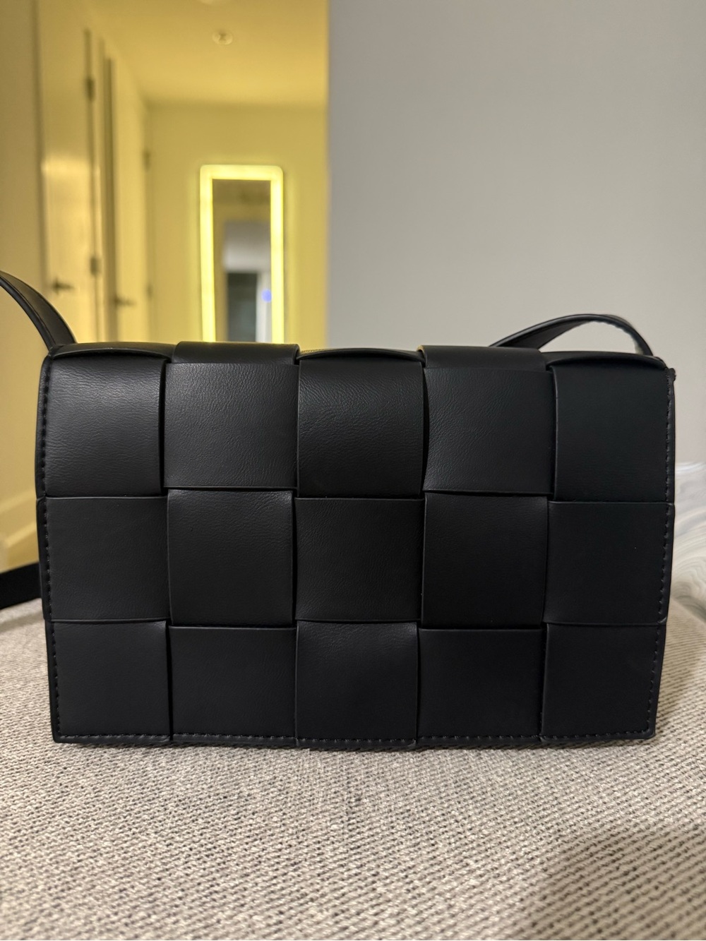 Black Woven Leather Crossbody Bag - Women